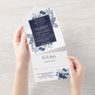 Navyblaue moderne botanische Blumenhochzeit All In One Einladung