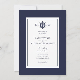Navyblaue Monogramm-Nautik-Schiffsrad-Hochzeit Einladung