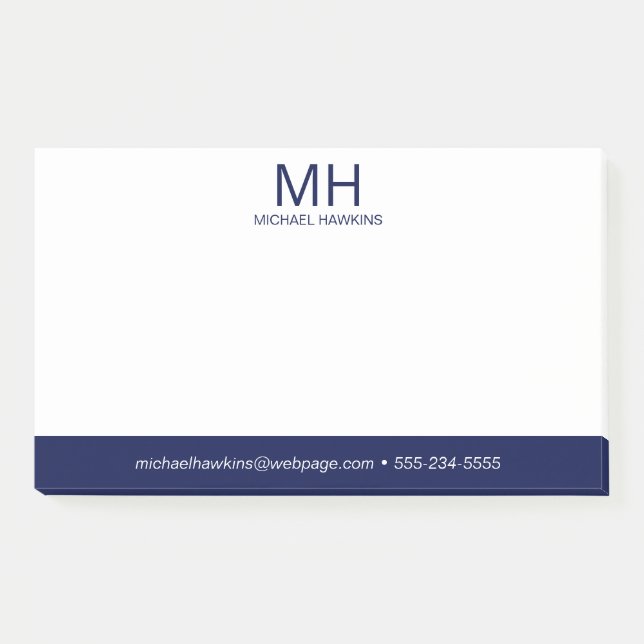 Navyblaue monogrammierte Herren- Post-it Klebezettel (Vorderseite)