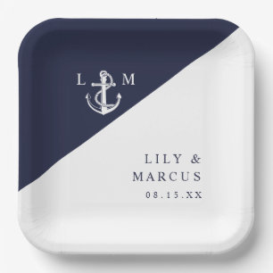 Navyblaue Nautische Minimalistische Monogramm-Hoch Pappteller