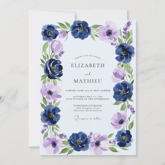 Navyblaue opulente Frühlingshochzeit Einladung (Vorderseite)
