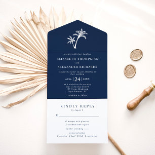 Navyblaue Palmen-Tropenstrand-Hochzeit All In One Einladung