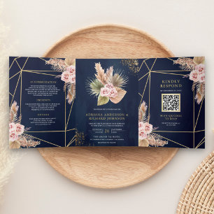 Navyblaue Pampas Dusty Pink Rosen QR Code Hochzeit Dreifach Gefaltete Einladung