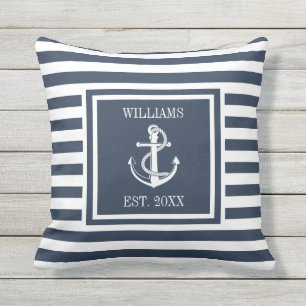 Navyblaue personalisierte Namensstreifen Nautical Kissen
