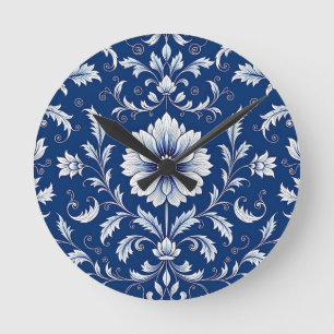 Navyblaue Porzellan-Blumenmuster Runde Wanduhr