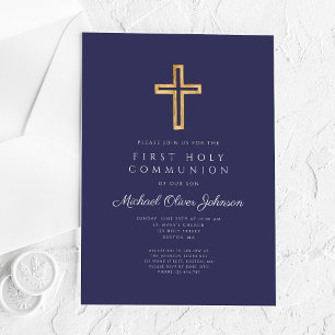 Navyblaue religiöse Kreuz Jungen Erstkommunion Acryleinladungen