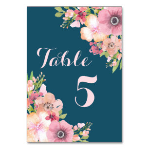 Navyblaue rosa Blumen Hochzeit Tischnummer