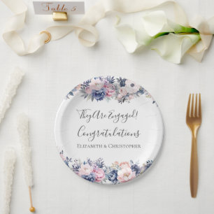 Navyblaue rosa Blumen Verlobungsfeier Papierplatte Pappteller