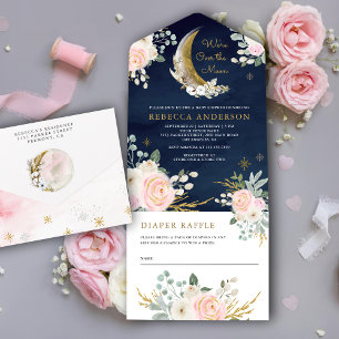 Navyblaue Rosa Florale Goldene Mond-Baby-Party All In One Einladung