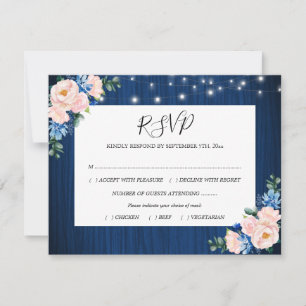 Navyblaue Rosa-Lichterkette Blumen Hochzeit RSVP Karte