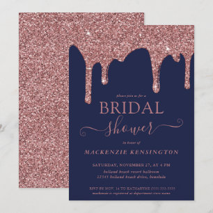 Navyblaue Roségold Glitter-Drips Brautparty Einladung