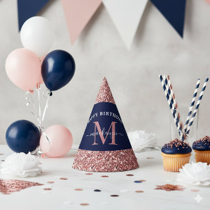 Navyblaue Roségold-Monogramm-Geburtstag Partyhütchen