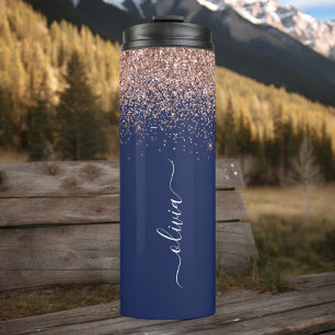 Navyblaue Roségold-Rosa Glitzer-Monogramm Thermosbecher