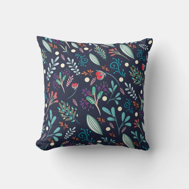 Navyblaue Rustikale Florale Folk-Art-Muster-Kissen Kissen (Vorderseite)