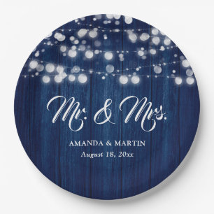 Navyblaue Rustikale Holz-Lichterkette Hochzeit Pappteller