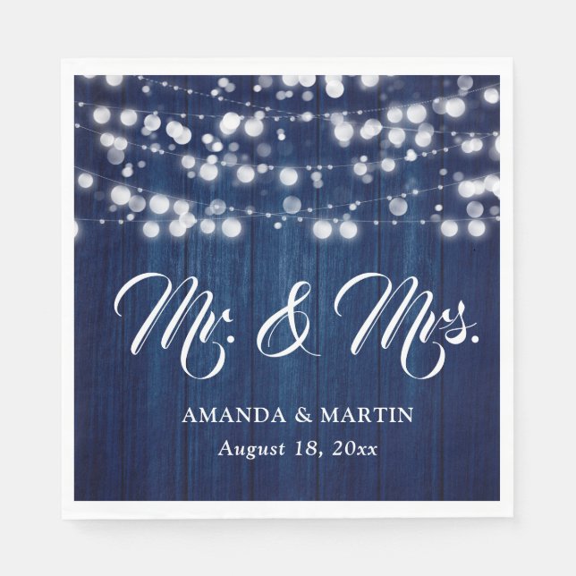 Navyblaue Rustikale Holz-Lichterkette Mr und Mrs Serviette (Vorderseite)