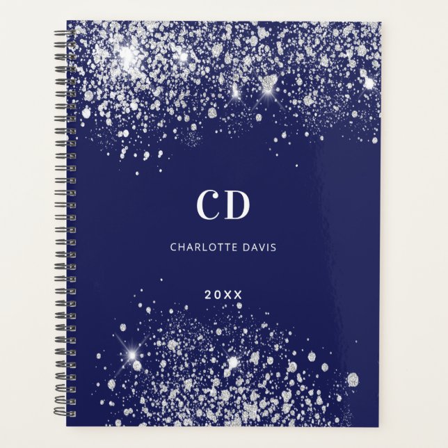 Navyblaue Silber-Glitter-Monogramm-Name 2023 Planer (Vorderseite)