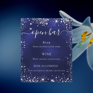 Navyblaue silberne Glitter-Hochzeitsbar-Menü Flyer