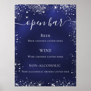 Navyblaue silberne Glitter-Hochzeitsbar-Menü Poster