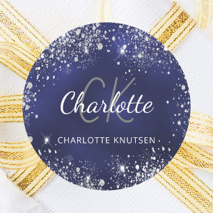 Navyblaue silberne Glitterstaub-Monogramm-Name Runder Aufkleber