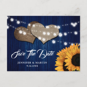 Navyblaue Sonnenblumen-Holzschnurlichter Hochzeit Postkarte