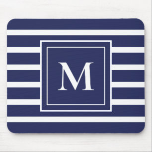Navyblaue Streifen Moderne Monogramm Küstenstrand Mousepad