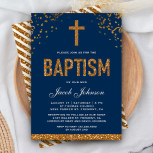 Navyblaue Taufe mit falschem Gold-Glitter-Kreuz Einladung