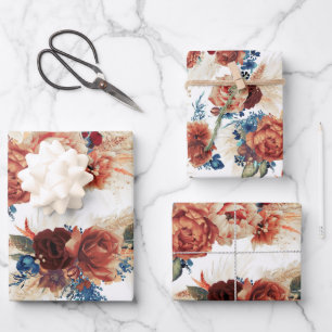 Navyblaue Terrakotta-Blumen-Pampasgras Botanisch Geschenkpapier Set
