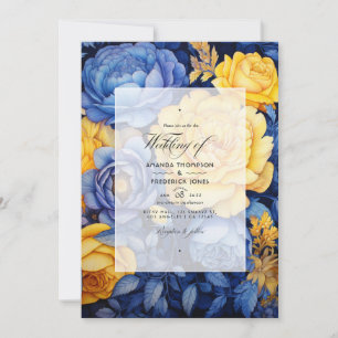 Navyblaue und gelbe Blumenhochzeit Einladung