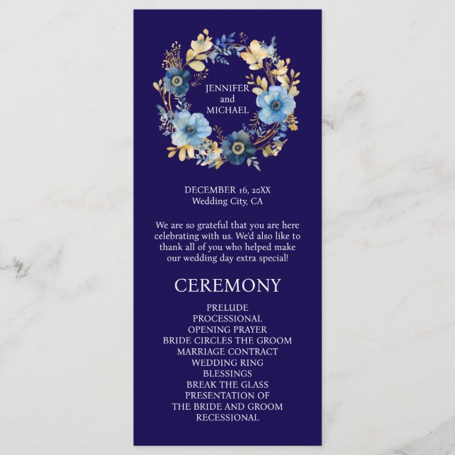 Navyblaue und goldene Blumen Hochzeitsprogramm Programm (Vorderseite)