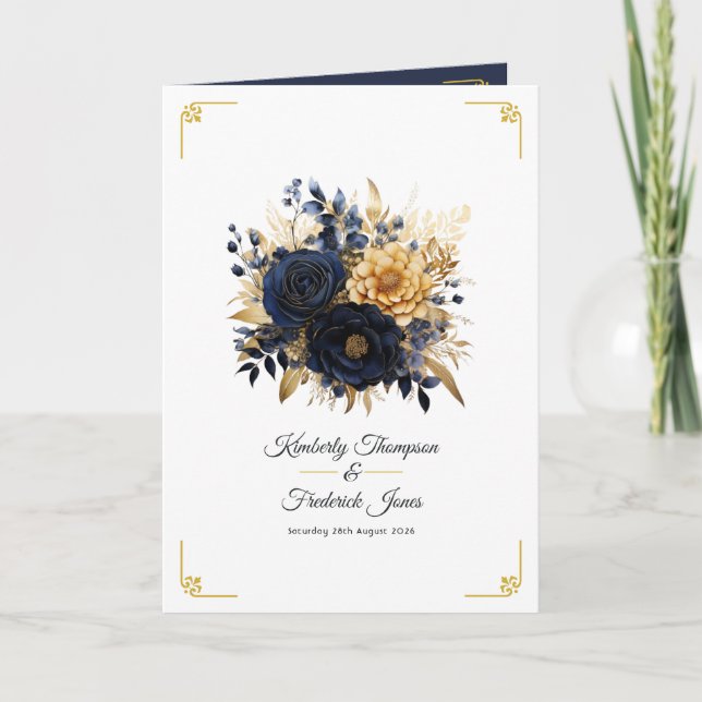 Navyblaue und goldene Blumenhochzeit Programm (Vorderseite)