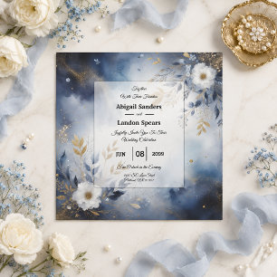 Navyblaue und goldene florale Hochzeit Einladung