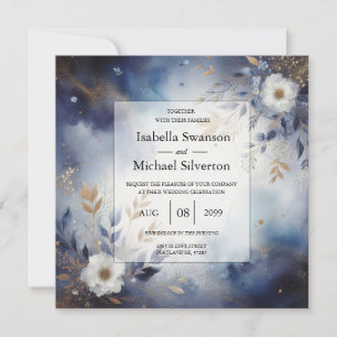 Navyblaue und goldene florale Hochzeit Einladung