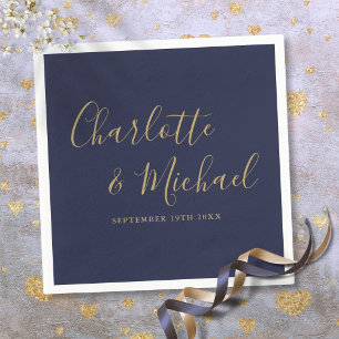 Navyblaue und goldene Hochzeit im Signaturschrift- Serviette