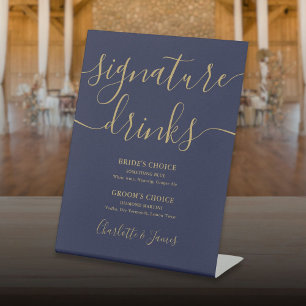 Navyblaue und goldene Hochzeits-Signature-Drinks Sockelschild