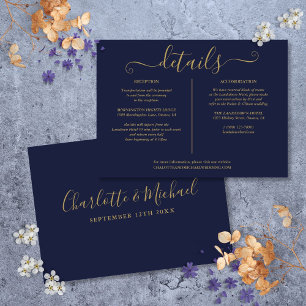 Navyblaue und goldene Hochzeitsdetails Information Einladung