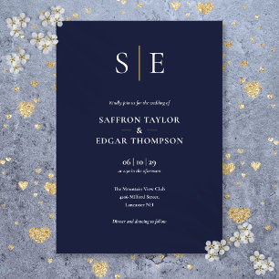 Navyblaue und goldene Monogramm-Hochzeit Einladung