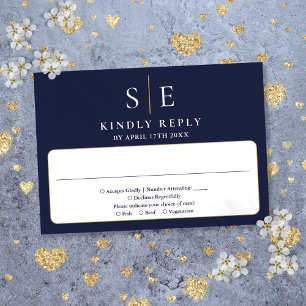 Navyblaue und goldene Monogramm-Hochzeit RSVP Karte