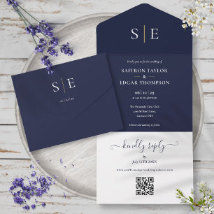 Navyblaue und goldene Monogramm-QR-Code-Hochzeit All In One Einladung