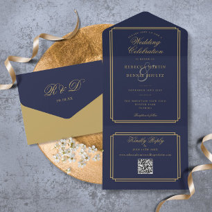 Navyblaue und goldene QR-Code-Art-Deco-Hochzeit All In One Einladung