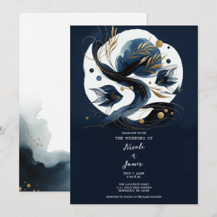 Navyblaue und goldene Strandhochzeit mit Fischen Einladung