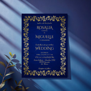 Navyblaue und goldene Vintage-Blumenrand-Hochzeit Einladung