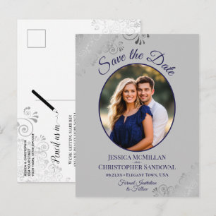 Navyblaue und graue fancy Hochzeit - Merkt Euch de Ankündigungspostkarte
