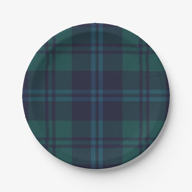 Navyblaue und grüne Tartan-Karo-Papierteller Pappteller (Vorderseite)