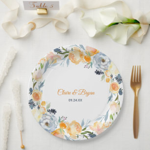 Navyblaue und korallene Aquarell-Blumenhochzeit Pappteller