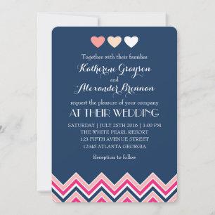 Navyblaue und rosa Chevron-Hochzeitseinladung Lieb Einladung