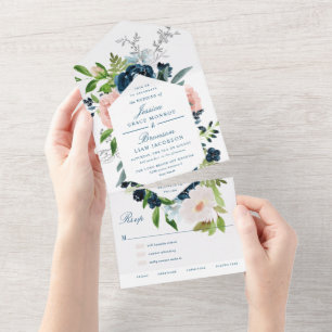 Navyblaue und rosafarbene florale Hochzeit All In One Einladung