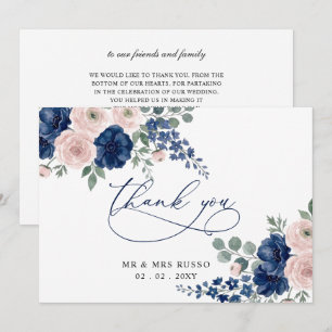 Navyblaue und rosafarbene moderne Hochzeit mit Blu Dankeskarte