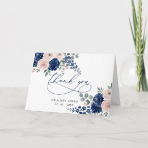 Navyblaue und rosafarbene moderne Hochzeit mit Blu Dankeskarte