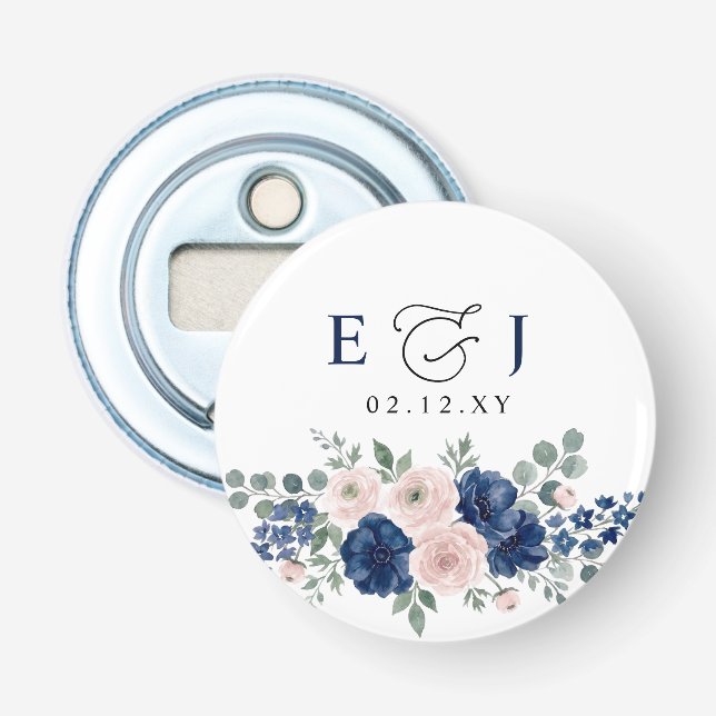 Navyblaue und rosafarbene moderne Hochzeit mit Blu Flaschenöffner (Vorderseite)